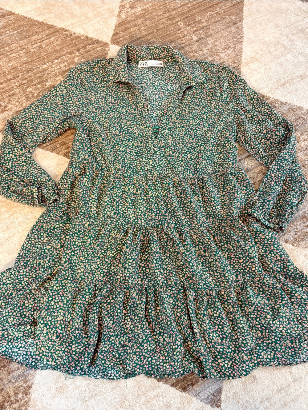 Zara Green Floral Tiered Long-Sleeve Dress